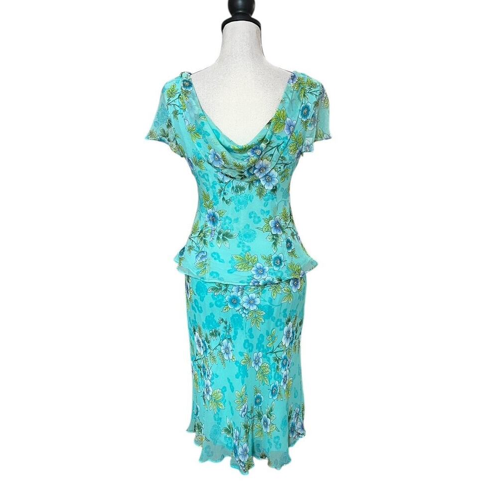 VTG 90s Robbie Bee Aqua Blue Floral Silk Cowled Back Top & Ruffle Skirt Set 10 - Picture 5 of 8